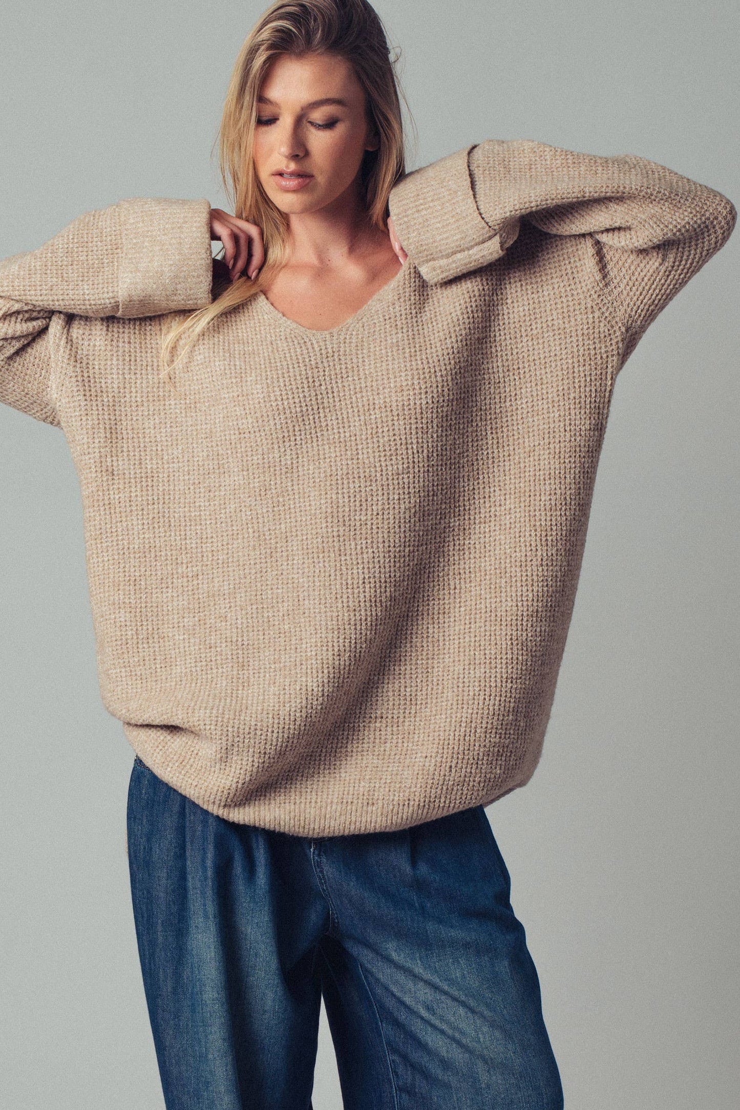 Oversized Taupe Knit V-Neck Sweater