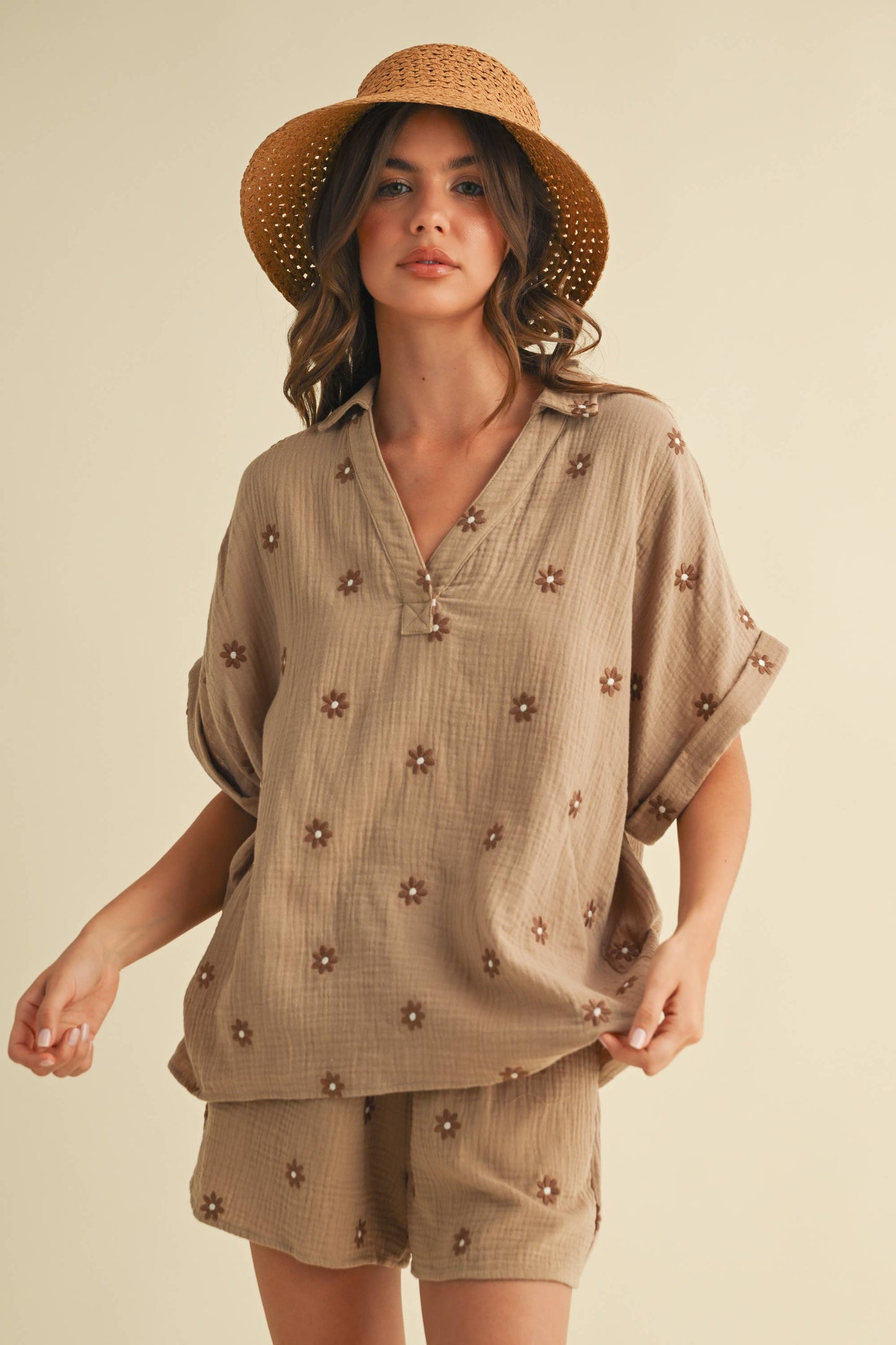 Mocha Embroidered Flower Cotton Short Set
