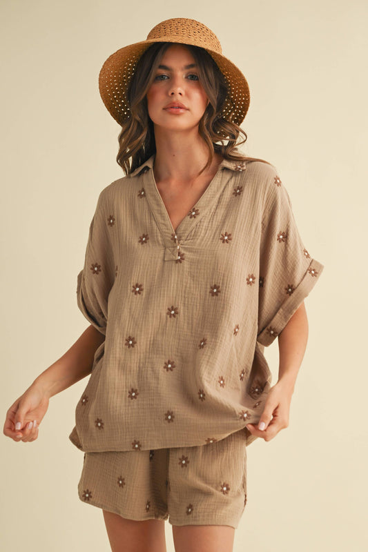 Mocha Embroidered Flower Cotton Short Set