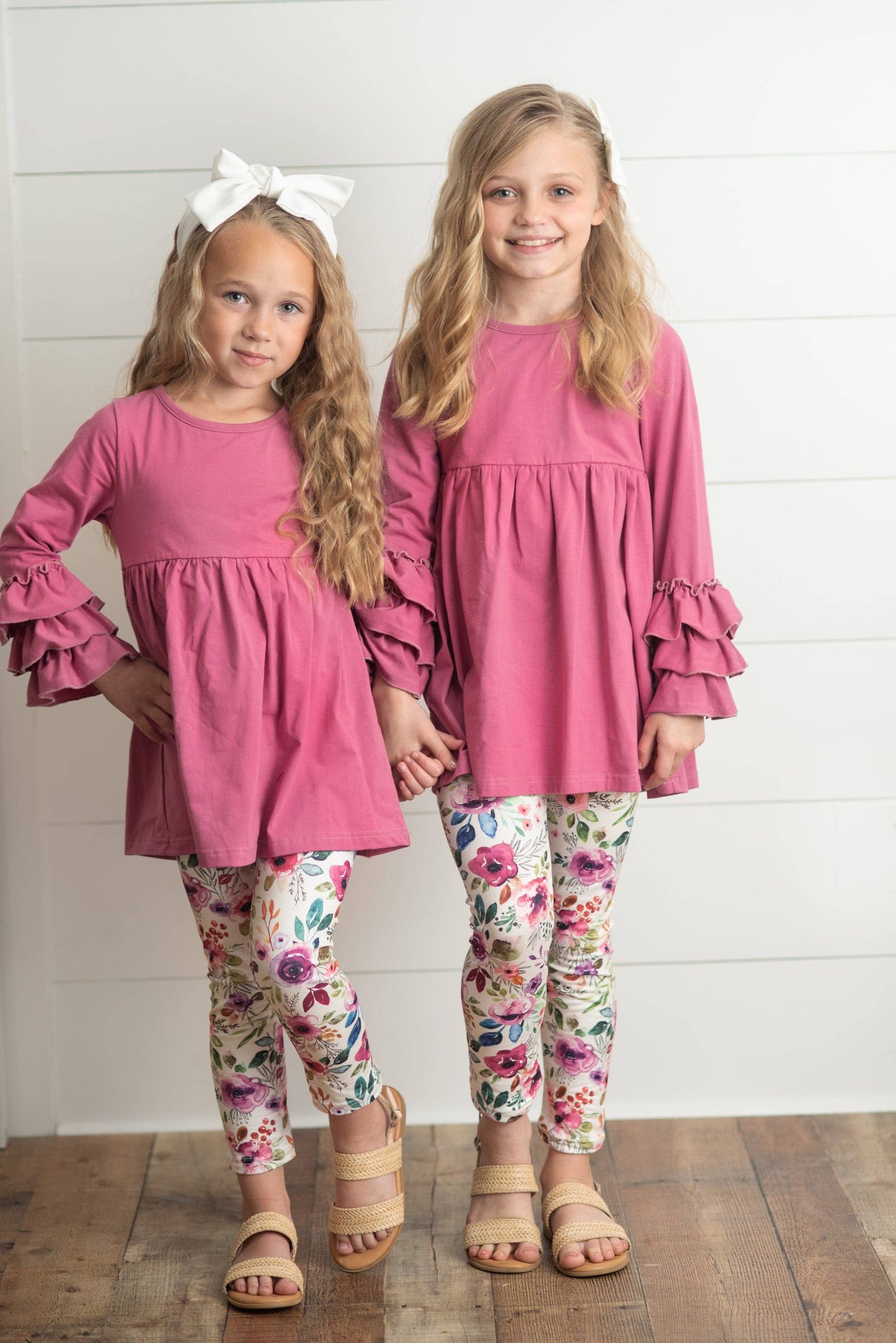 Pink Ruffle Sleeve Shirt & Floral Leggings Set