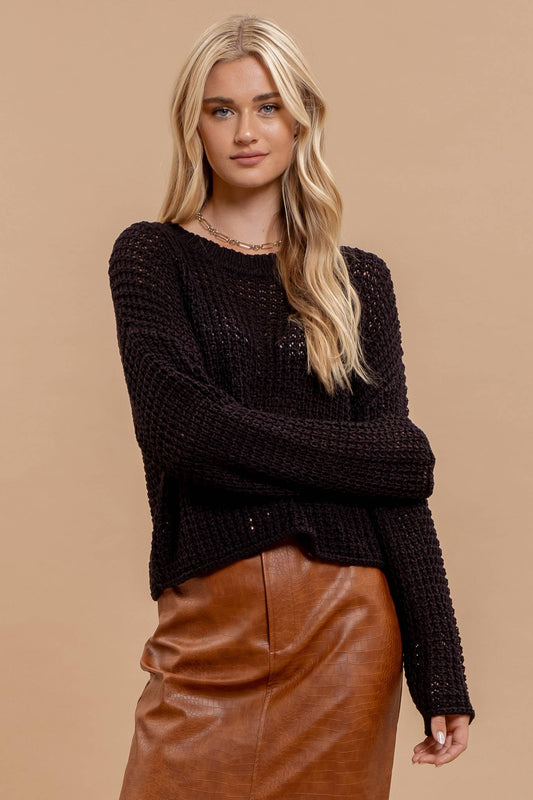 Black Sheer Knit Crew Neck Sweater