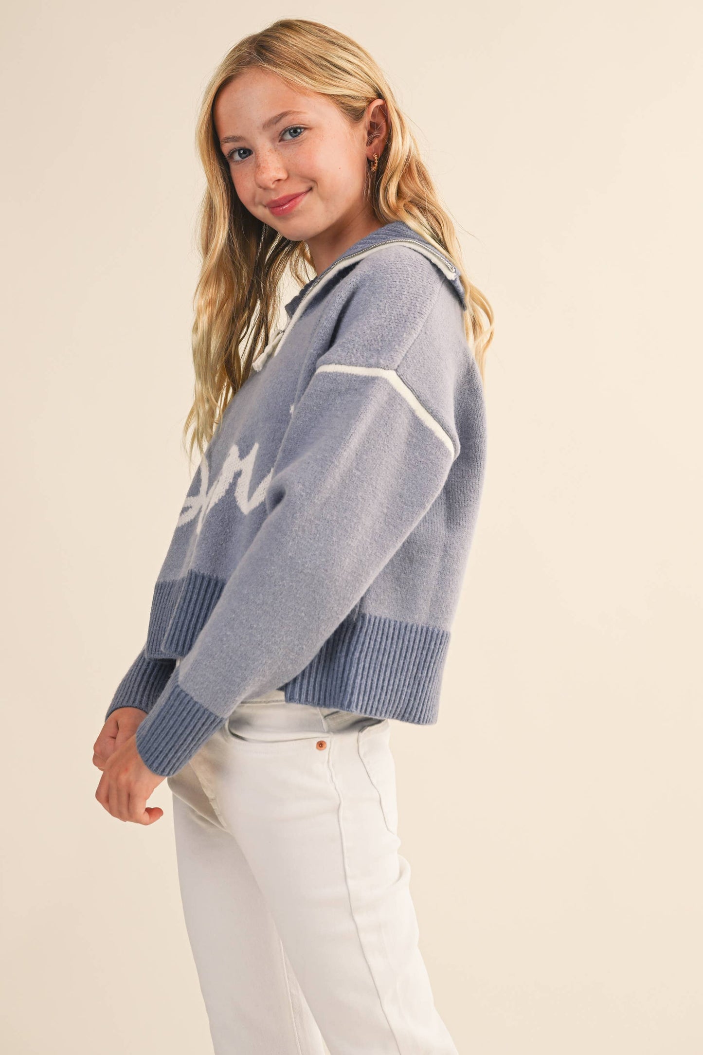 Periwinkle Blue "Paris' Half Zip Collar TWEEN Sweater