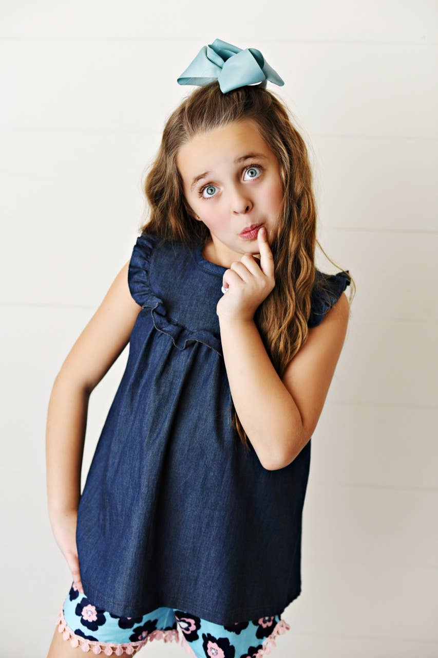 Girls Dark Denim Ruffle Top and Navy Flower Short Set-178604