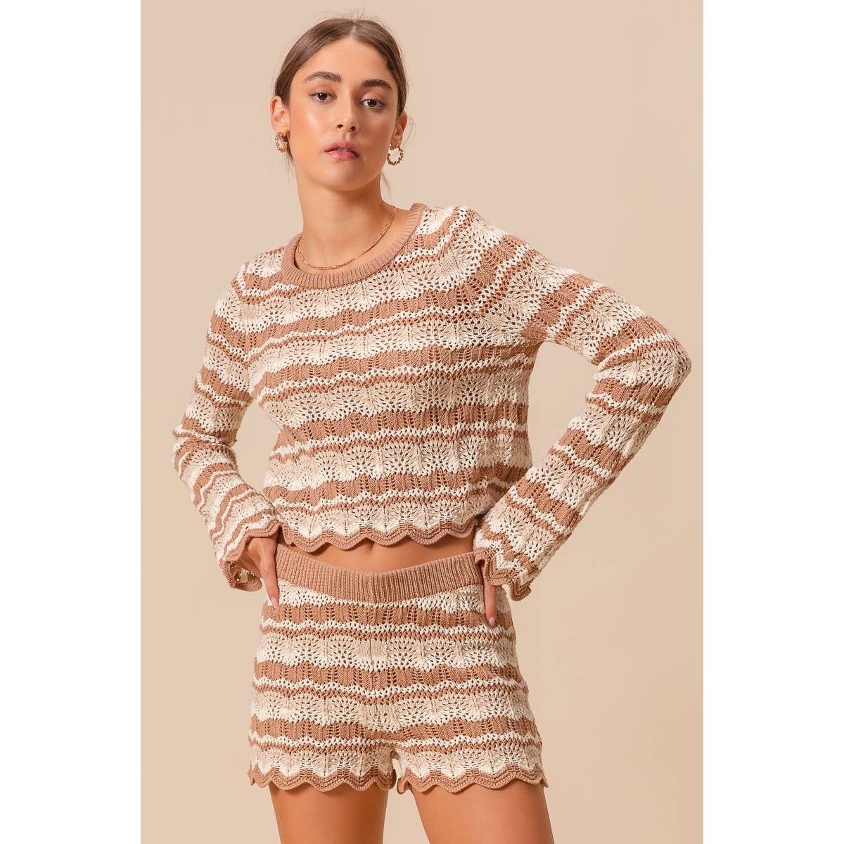 Black Combo Crochet Knitted Scallop Edge Top- 141137