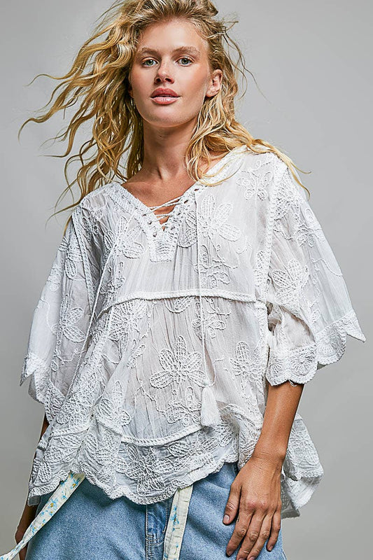 Off White Tassel Loop Point Ruffle Crochet Top-143198