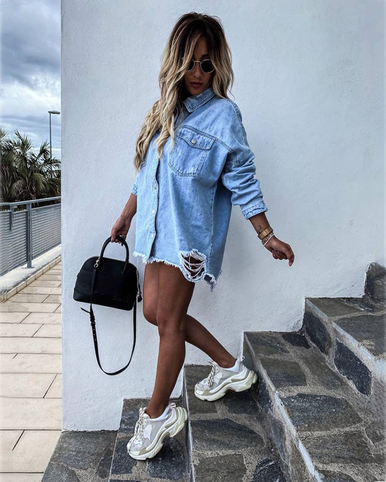Blue Faded Oversized Distressed Frayed Edges Denim Jacket
