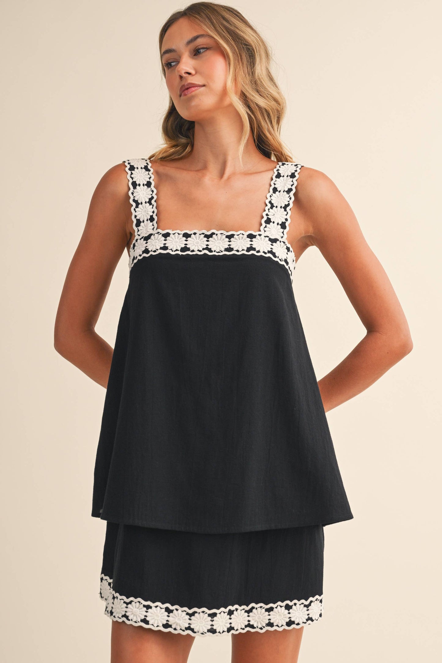 Black with White Detail Trim Linen Dress - 120145