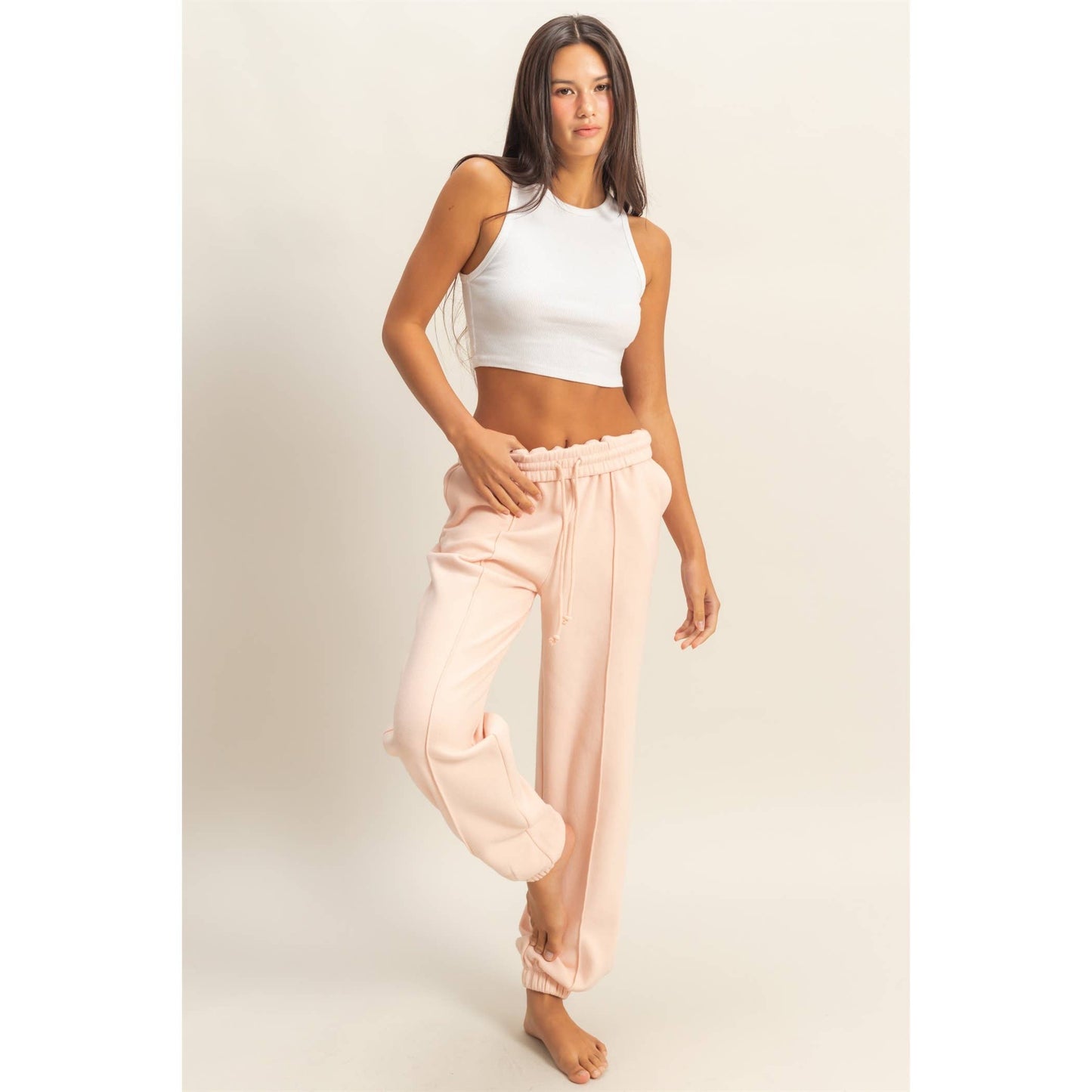 Dusty Pink High-Waisted Soft Cotton Pintuck Sweatpants