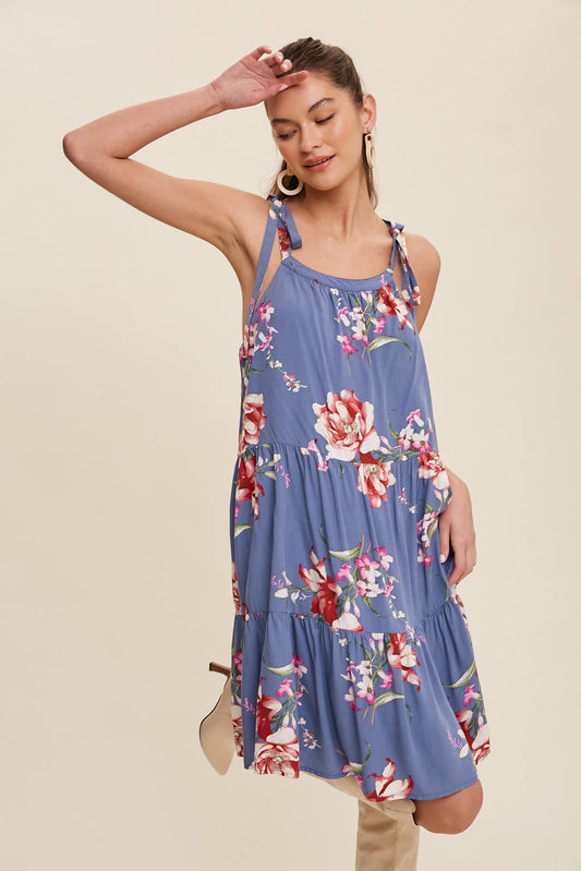 Blue Floral Tie-Shoulder Tiered Dress