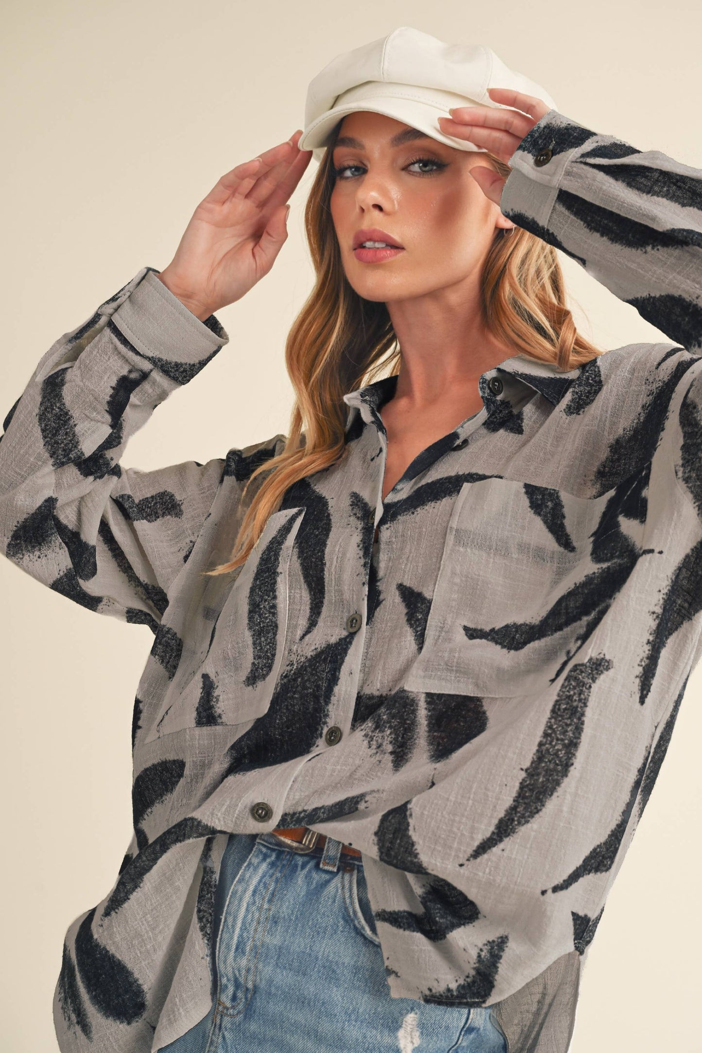 Elodie Grey and Black Linen Printed Button Up Shirt