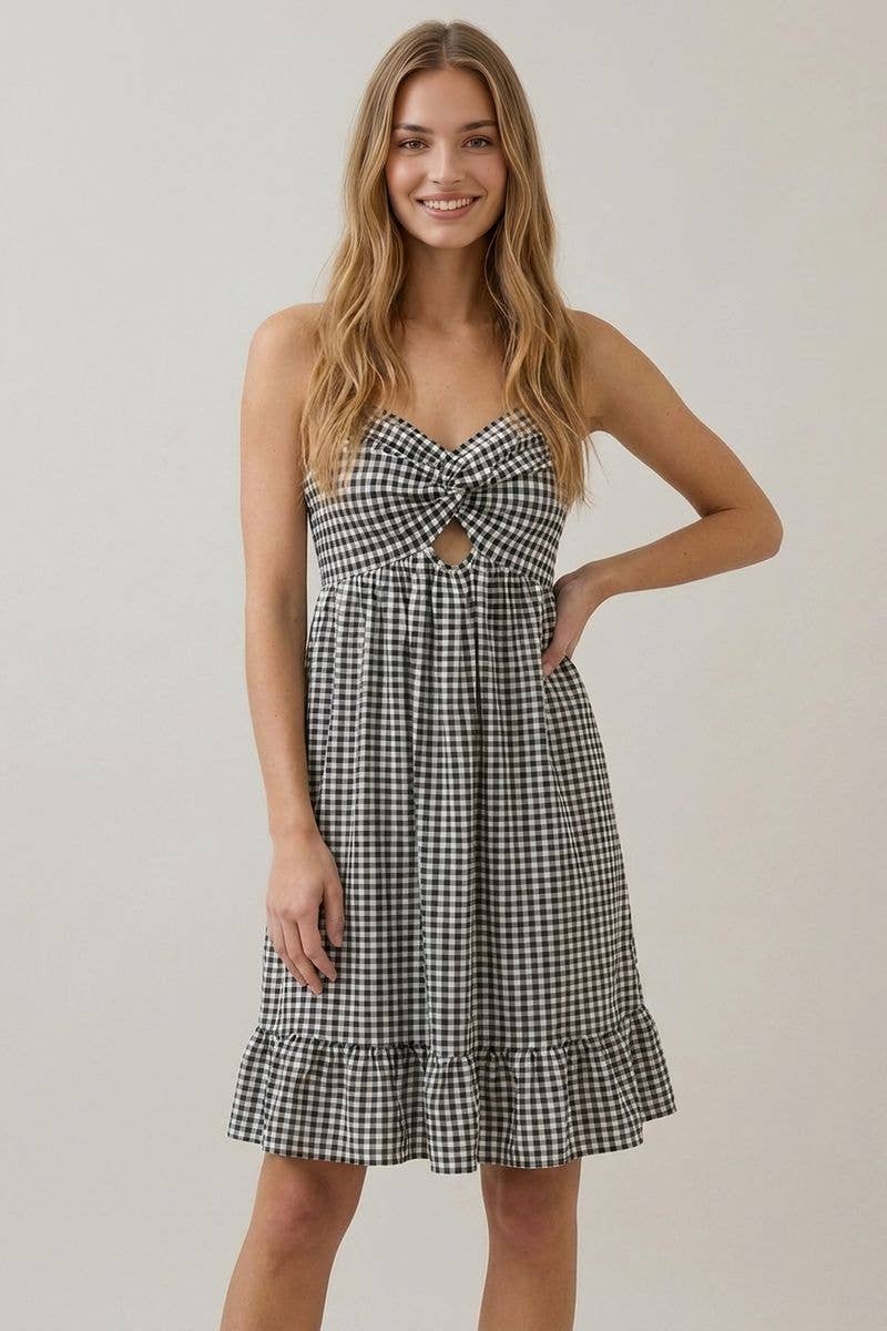 Black Gingham with Twist Dress  - 128425