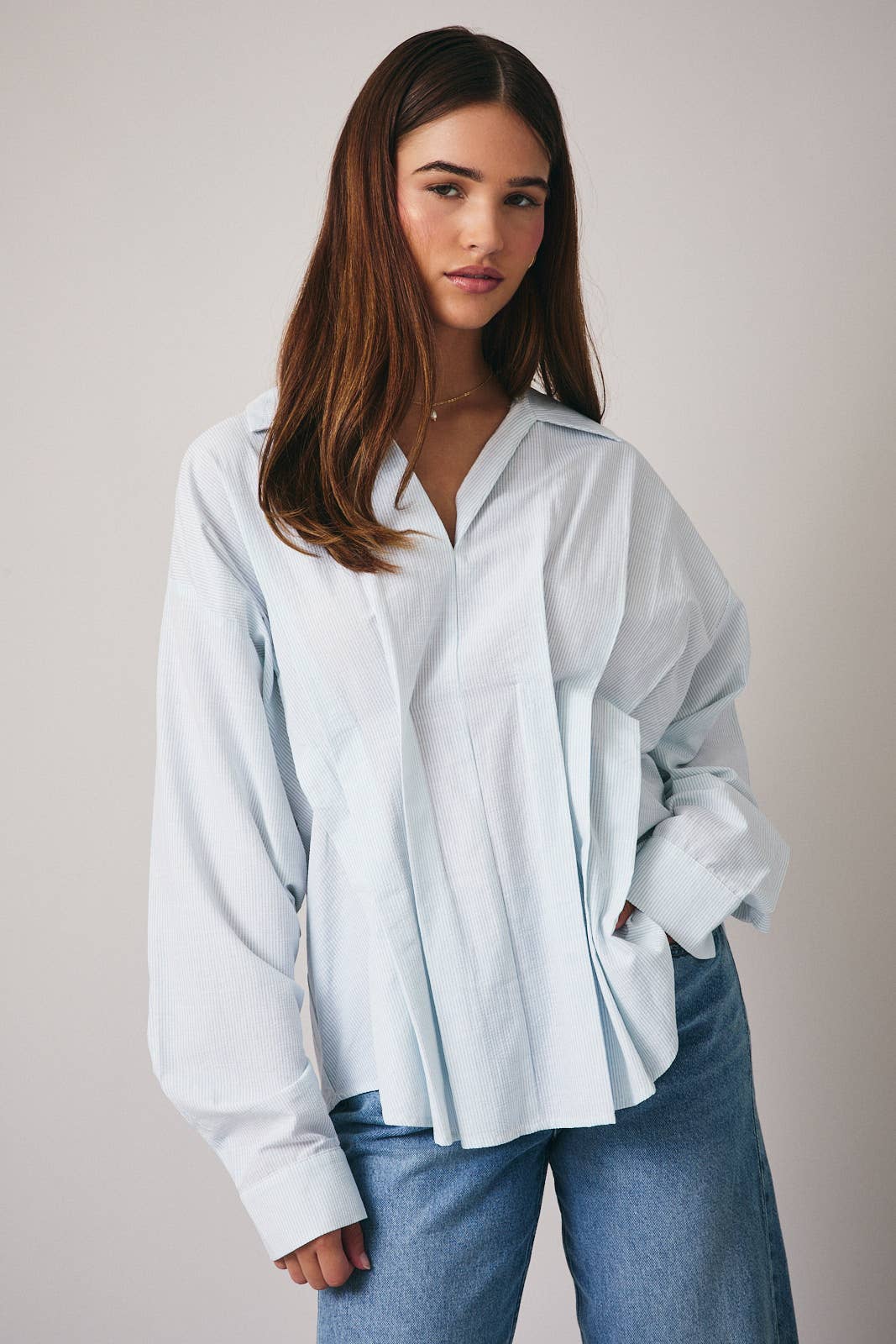 Blue and White Pleated Cotton Shirt- 142065