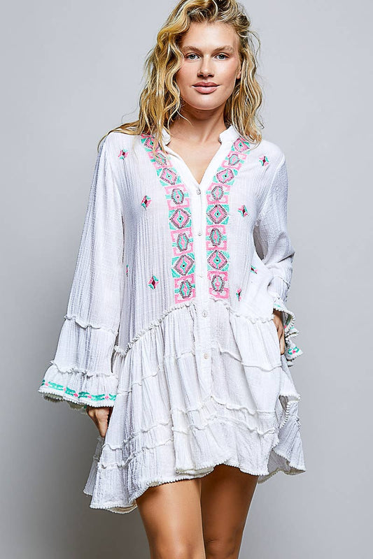 Ivory Embroidered Gauze Ruffle Button Down Dress-124040