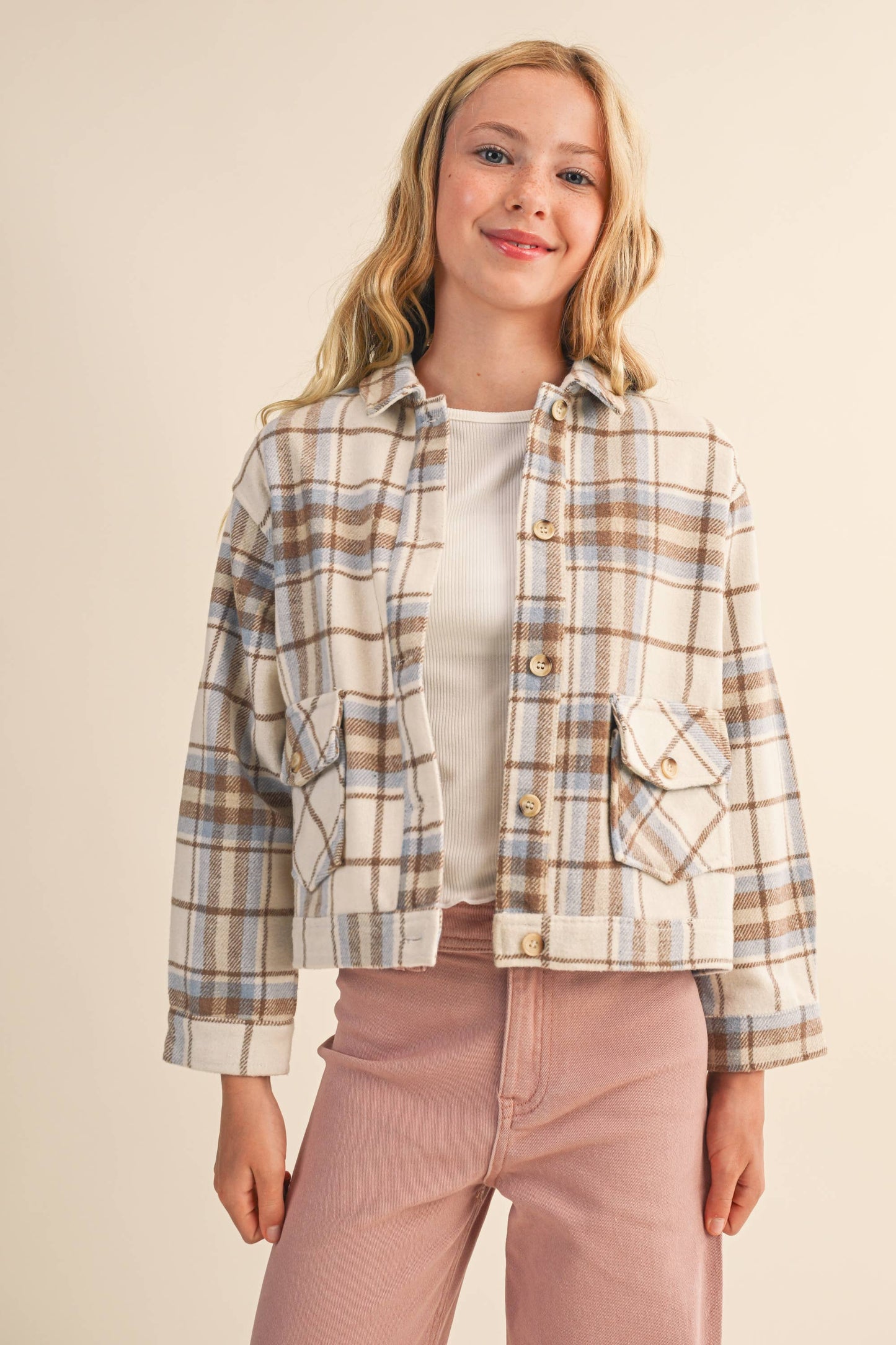 Tween Blue/Brown Wool Plaid Shacket