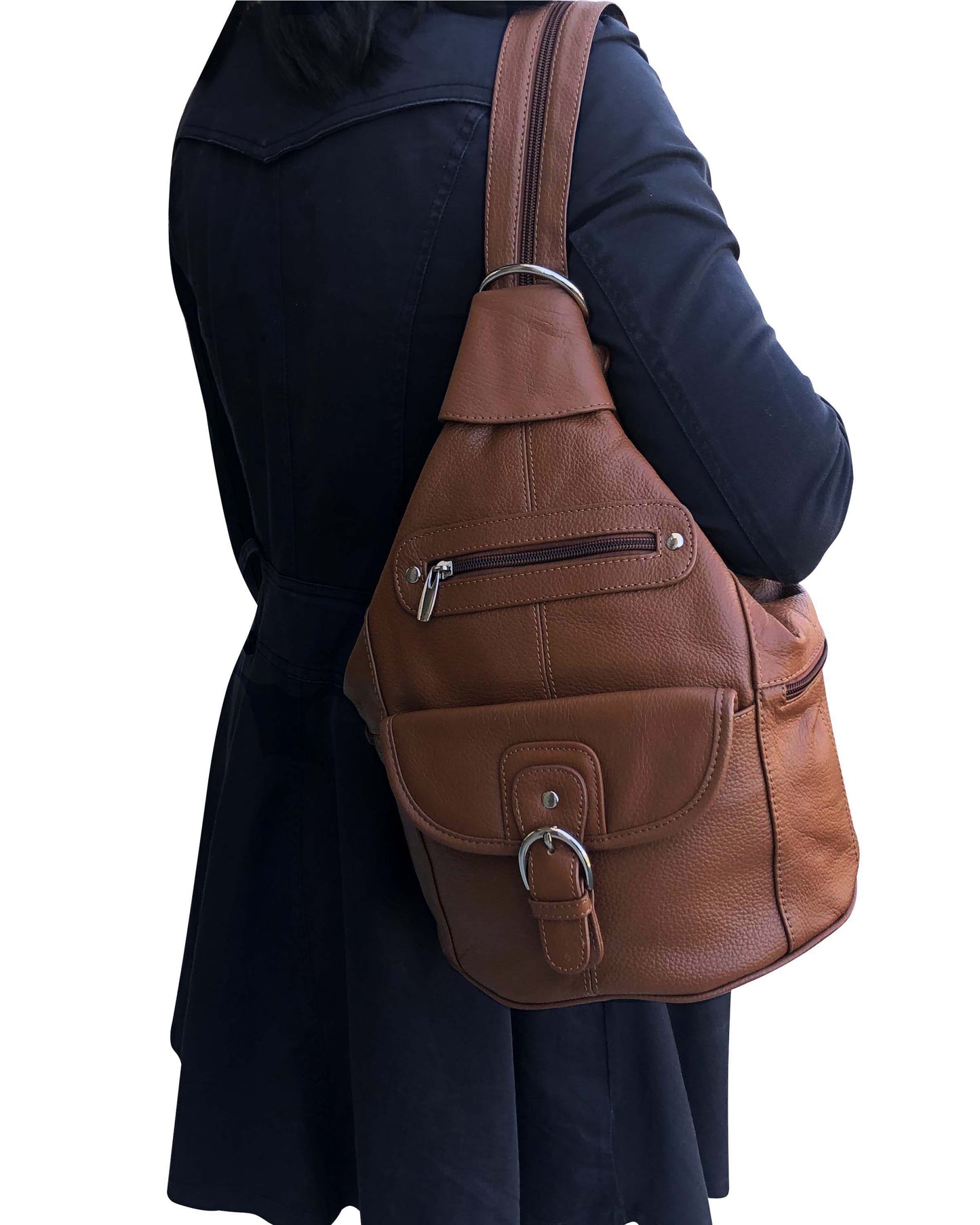 Brown / Black Leather Backpack with Multiple Compartments Mid Size