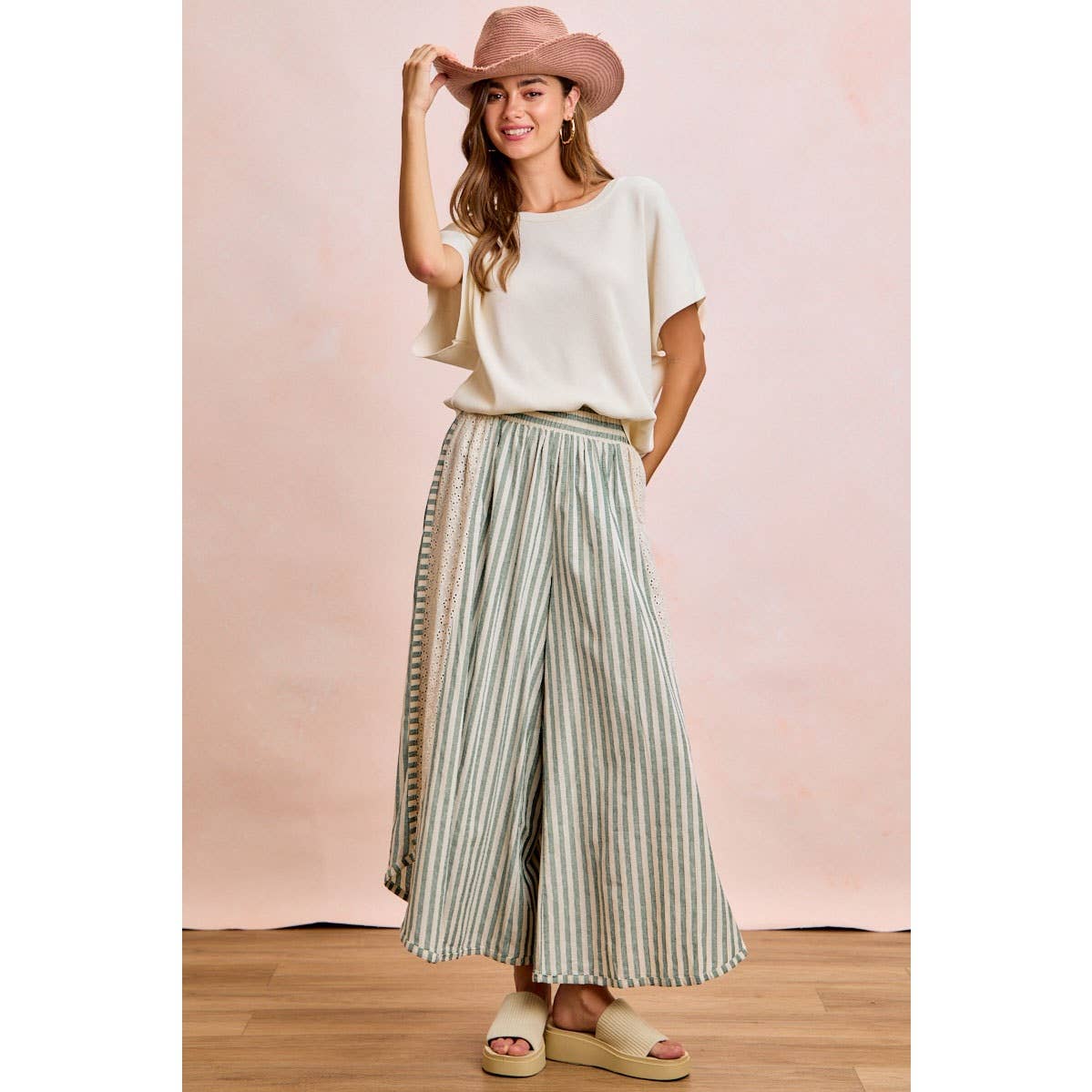 Black and White Stripe and Eyelet Side Wide Leg Pants-131889