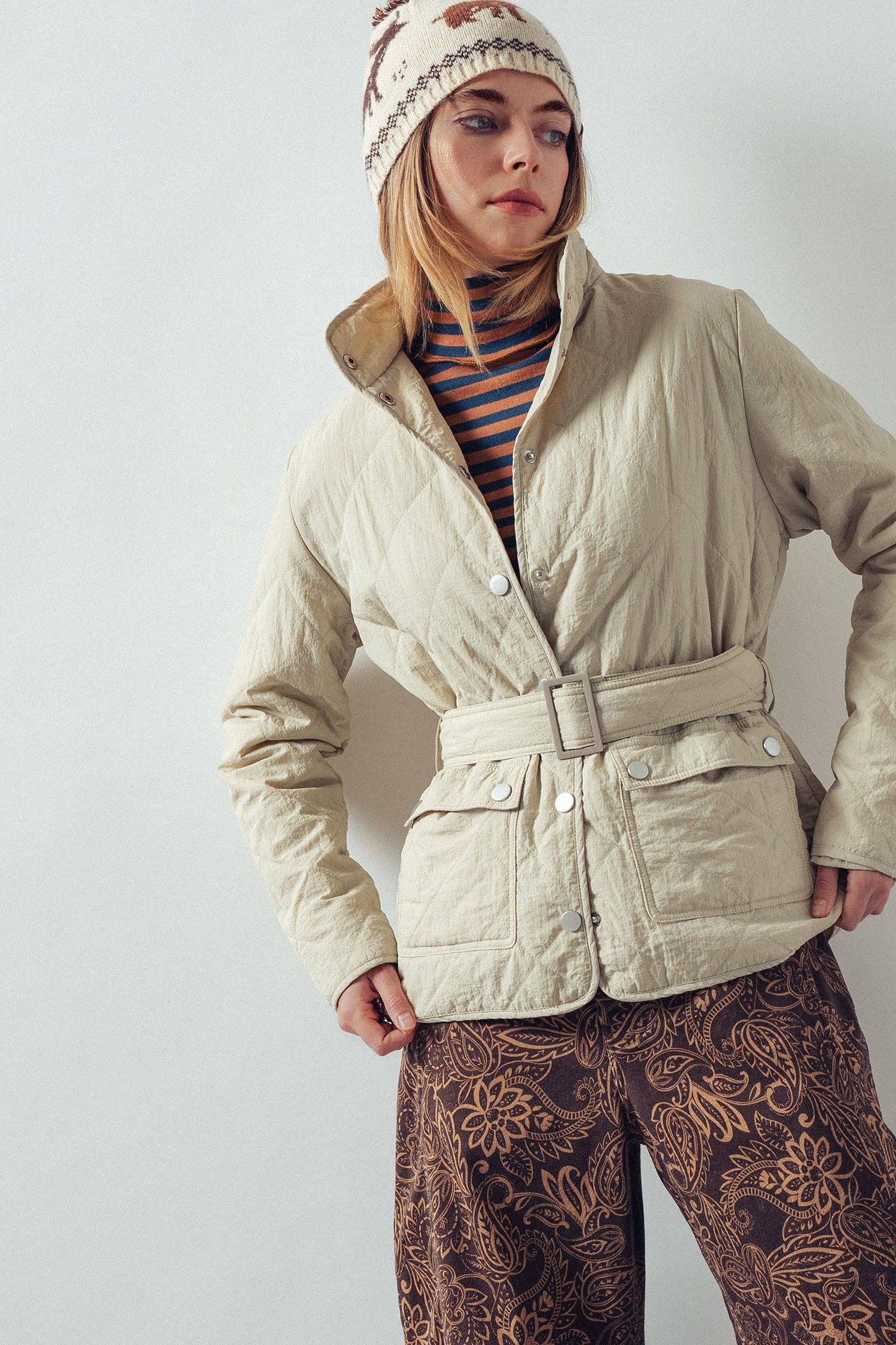 Lt Khaki Lauren Belted Diamond-Quilted Snap-Front Jacket
