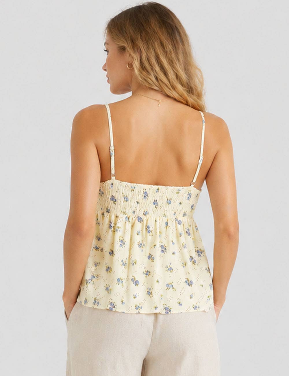 Cream Boho Floral Print Tie Neck Cami Top-148654