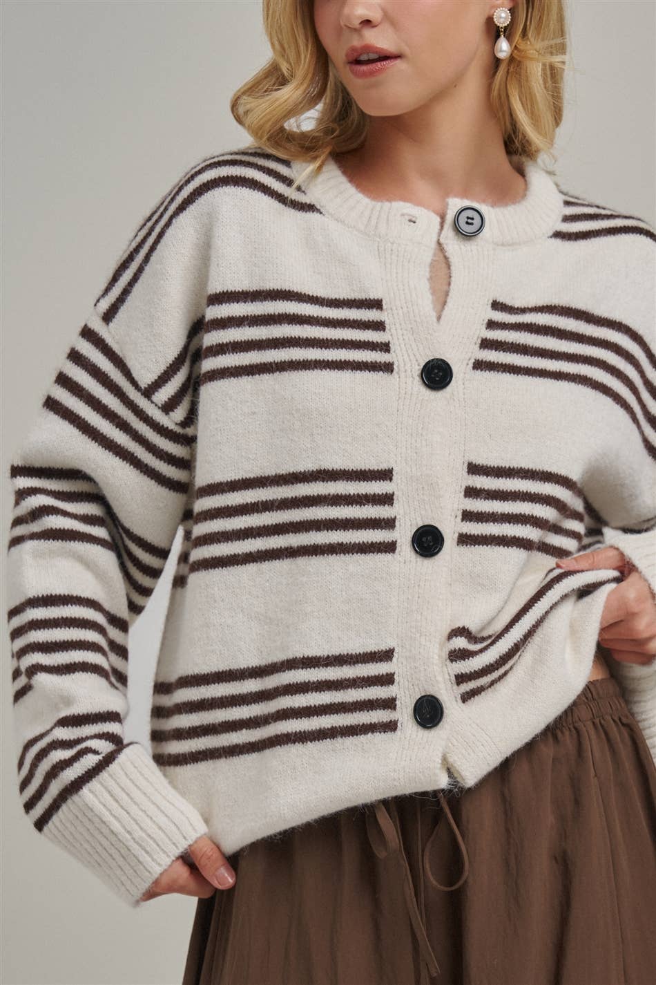 Ivory & Brown Oversized Striped Button-Down Cardigan-150316