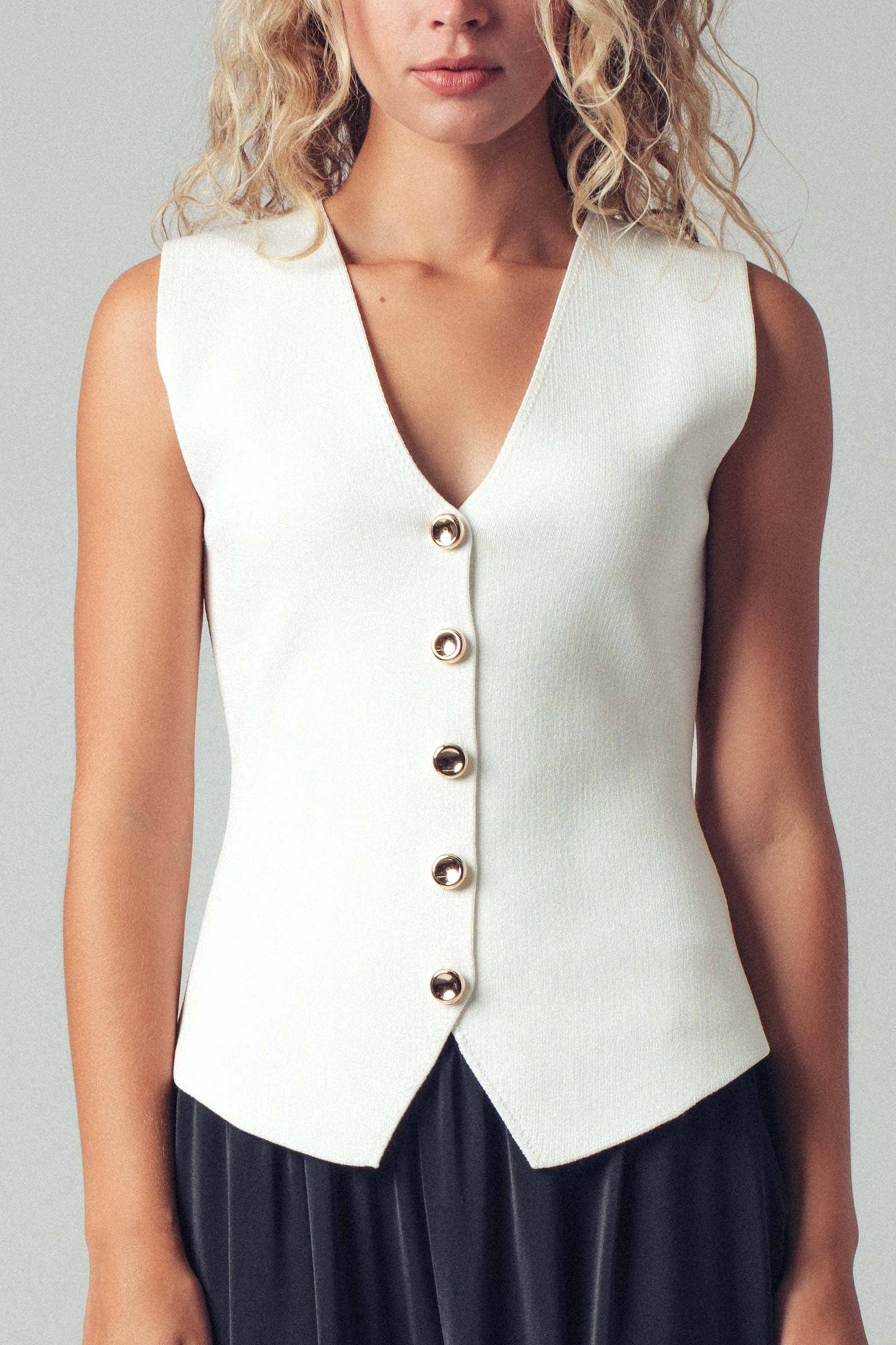 Ivory Knit Vest with Rose Gold Sculpted Button-Front
