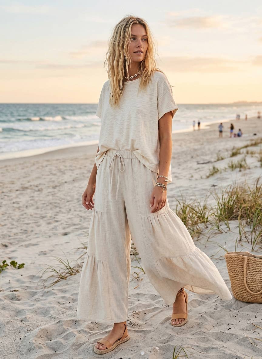 Natural Linen Blend Wide Leg Palazzo Pants-132214