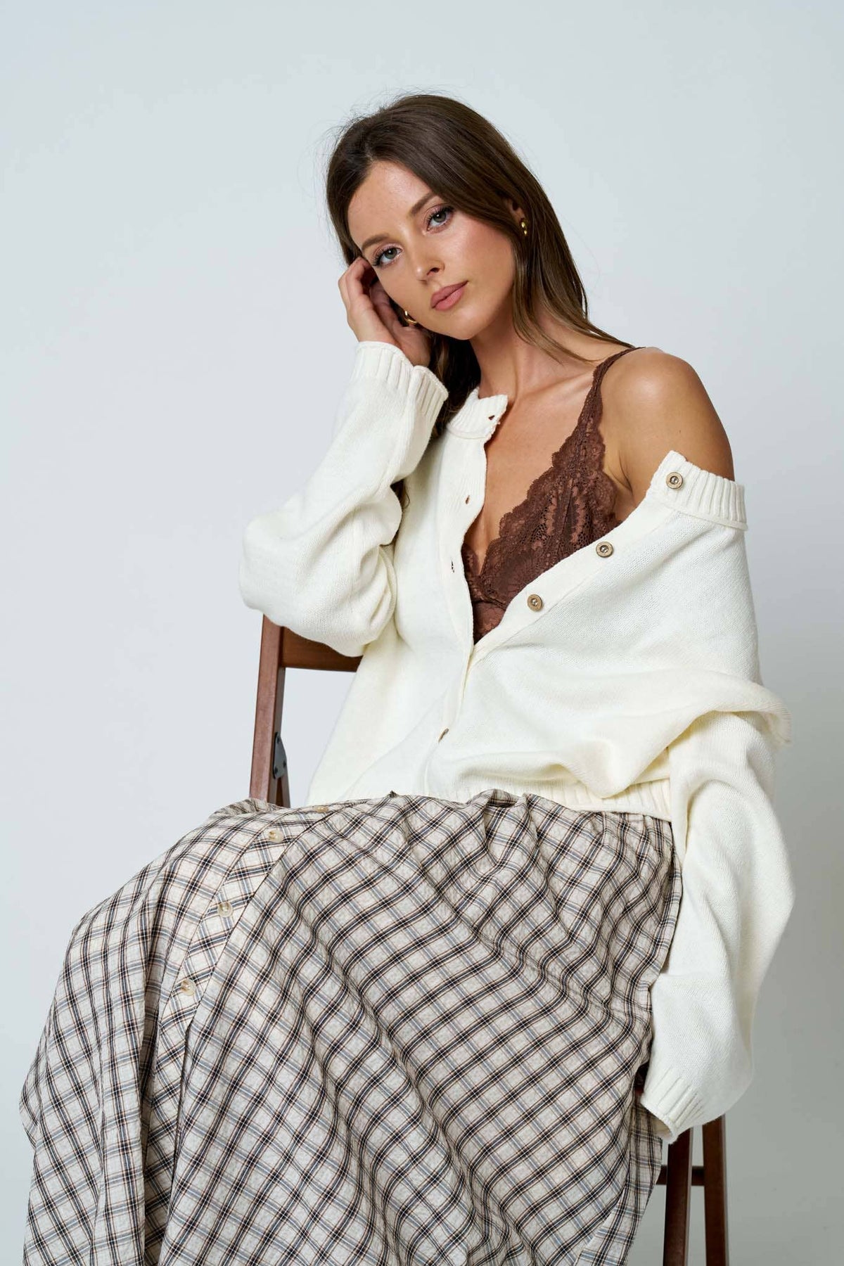 Khaki Plaid Smocked Waist Button Down Midi Skirt - 131008