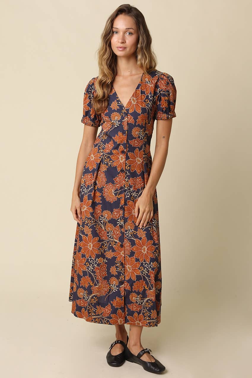 Navy w/ Rust Floral Hallie Maxi Dress-122606