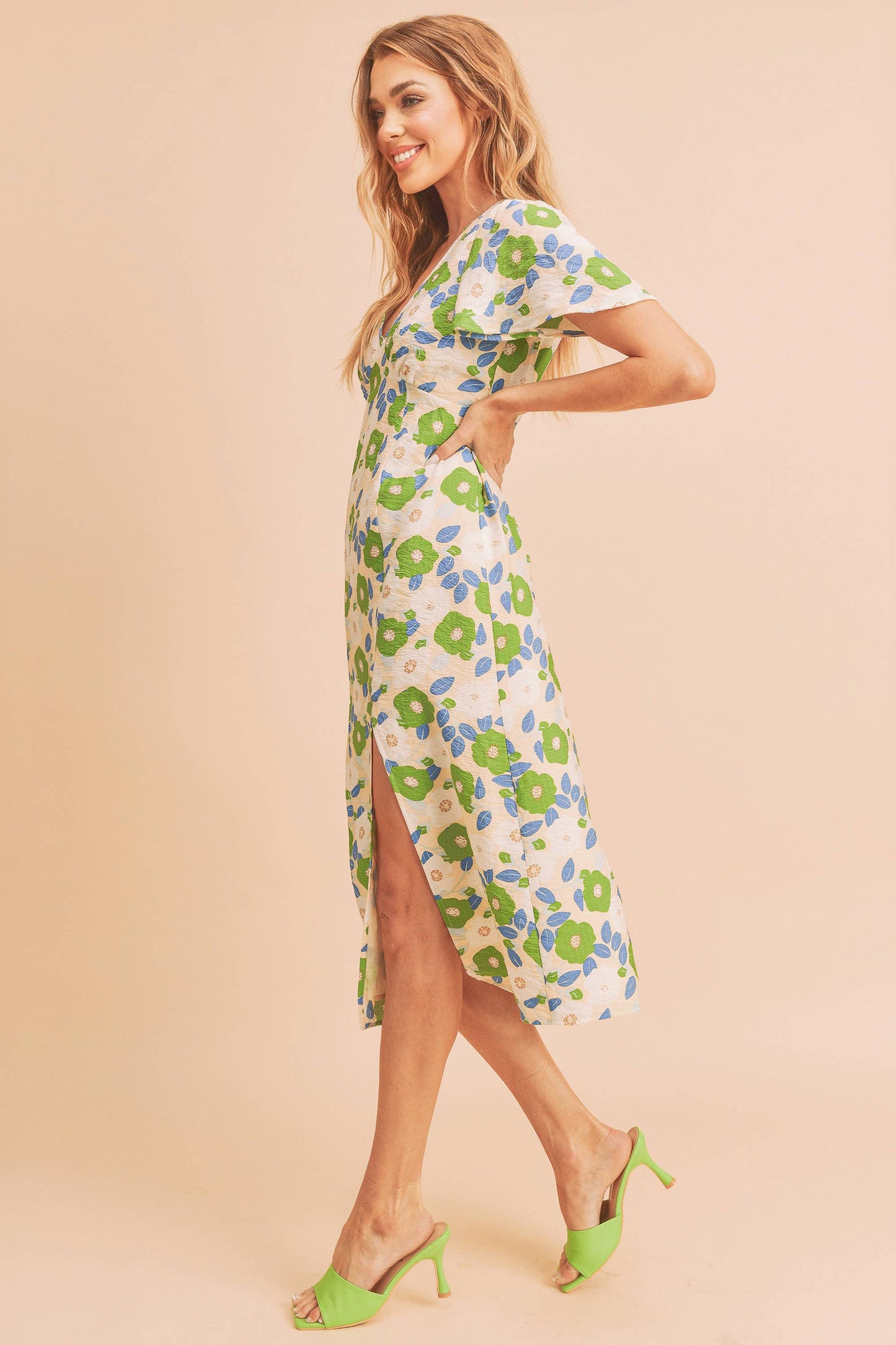 Cream w/ Green Floral Inessa Dress-124109