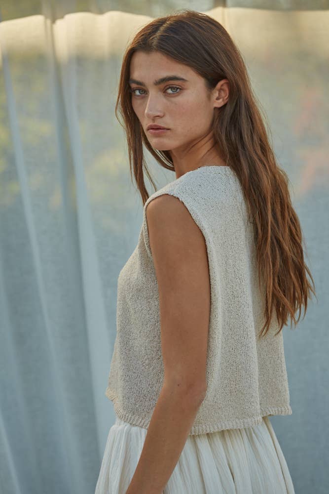 Beige Knit Sweater Crew Neck Sleeveless Crop Top - 151444