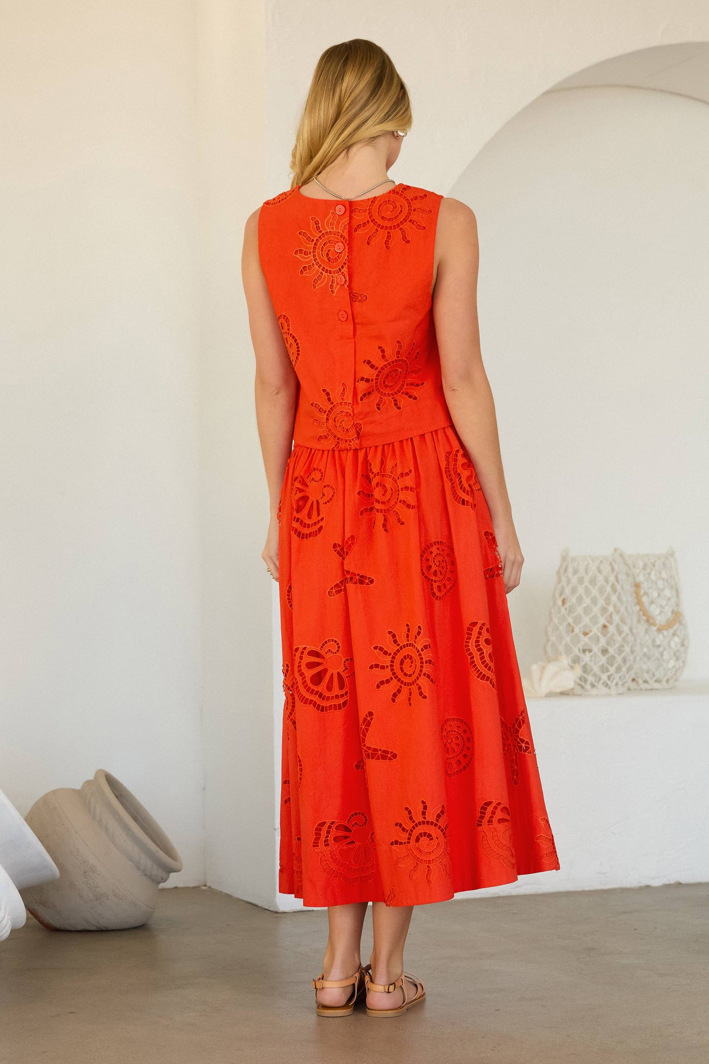 Coral Seaside Embroidered Eyelet Sleeveless Top-147469