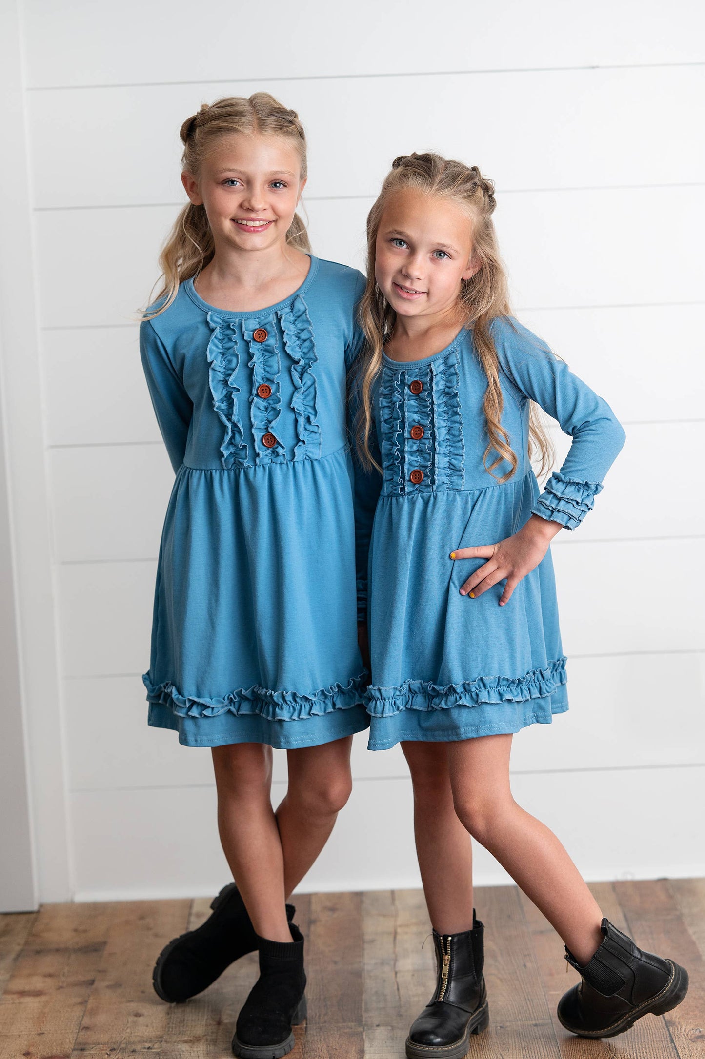 Long Sleeve Solid Blue Ruffle Button Cotton Dress