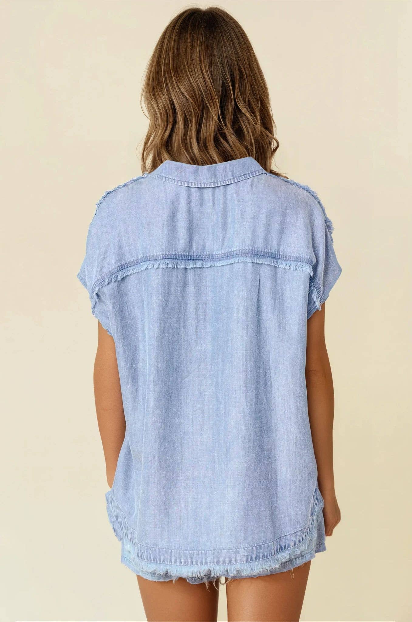 Collared Henley Frayed Denim Dolman Sleeve Top