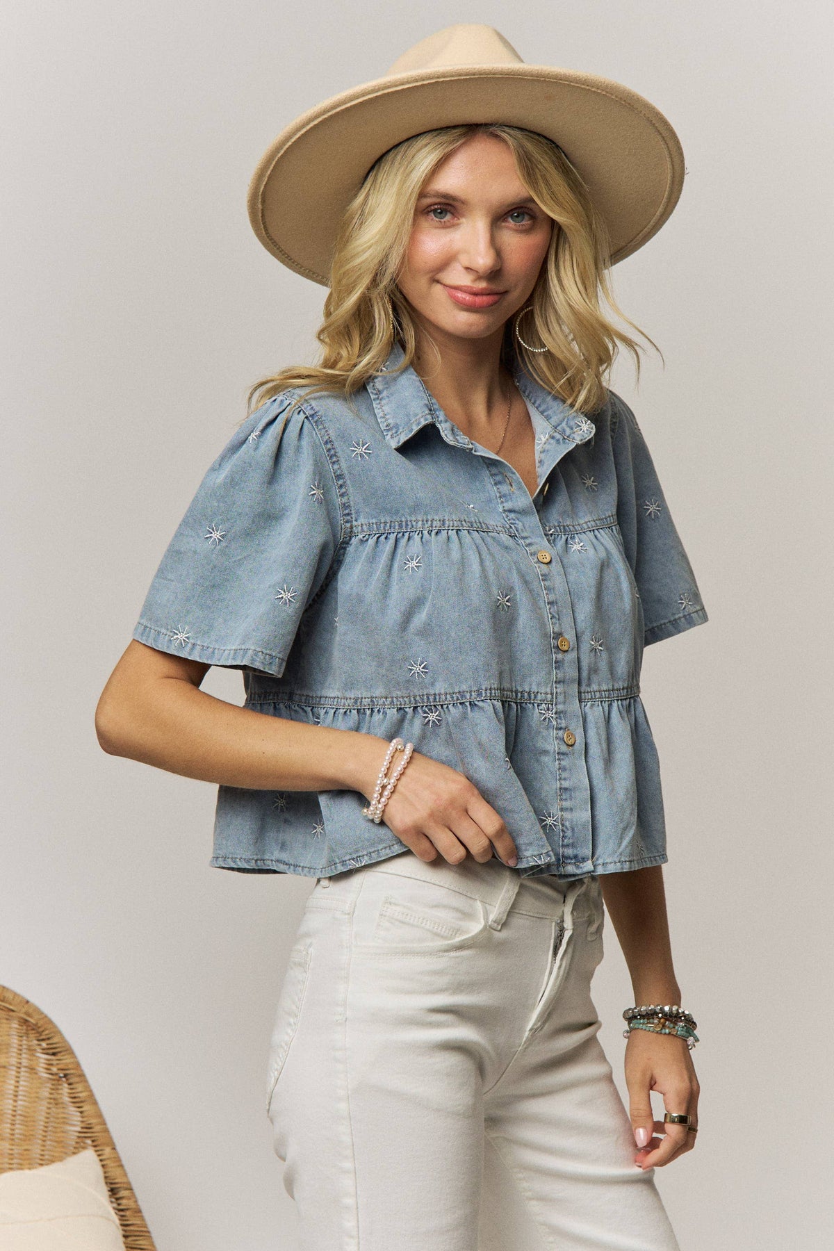 Denim Star Tiered Embroidered Shirt-144516