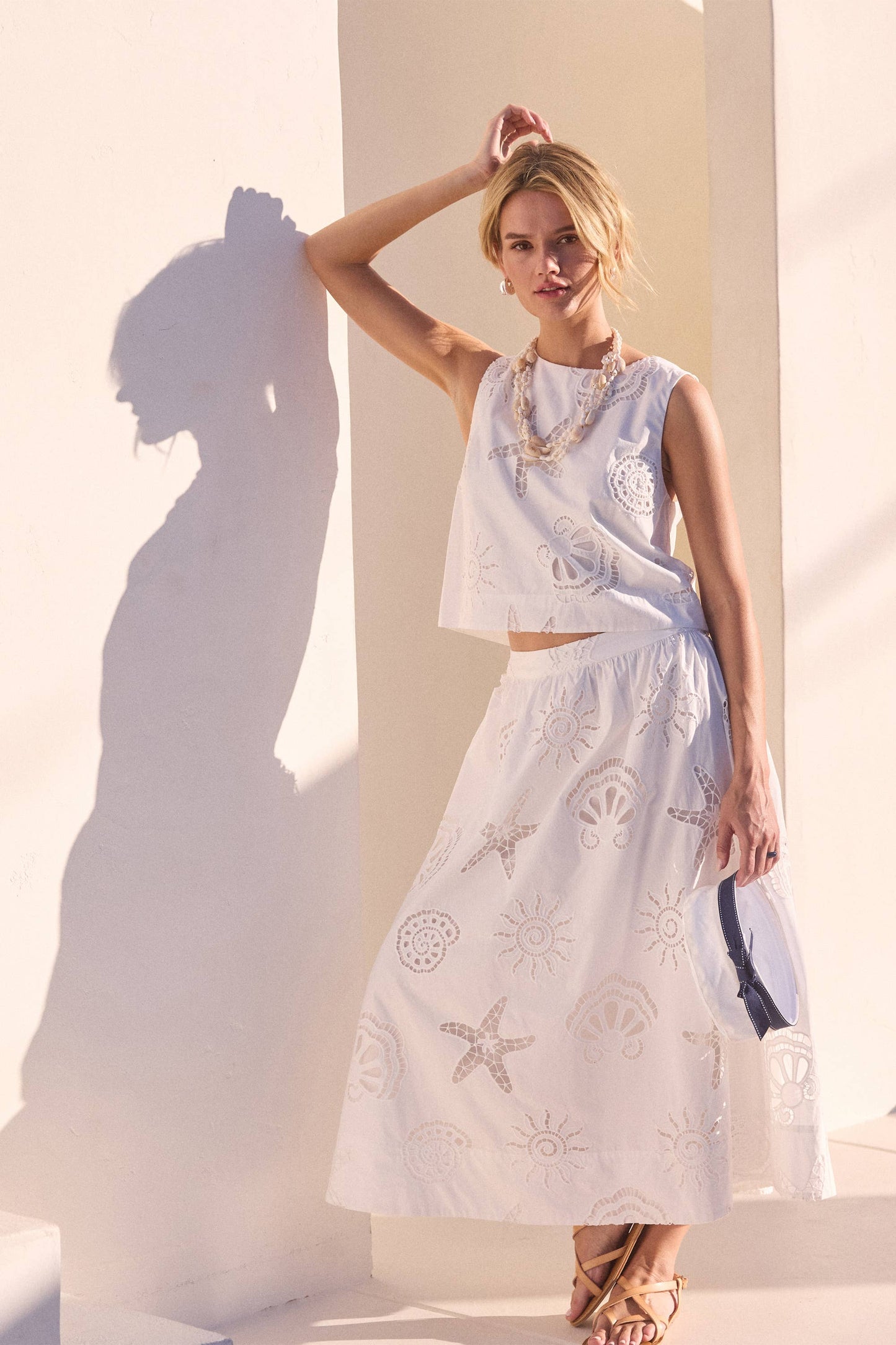 White Seaside Embroidered Eyelet Sleeveless Top-147469