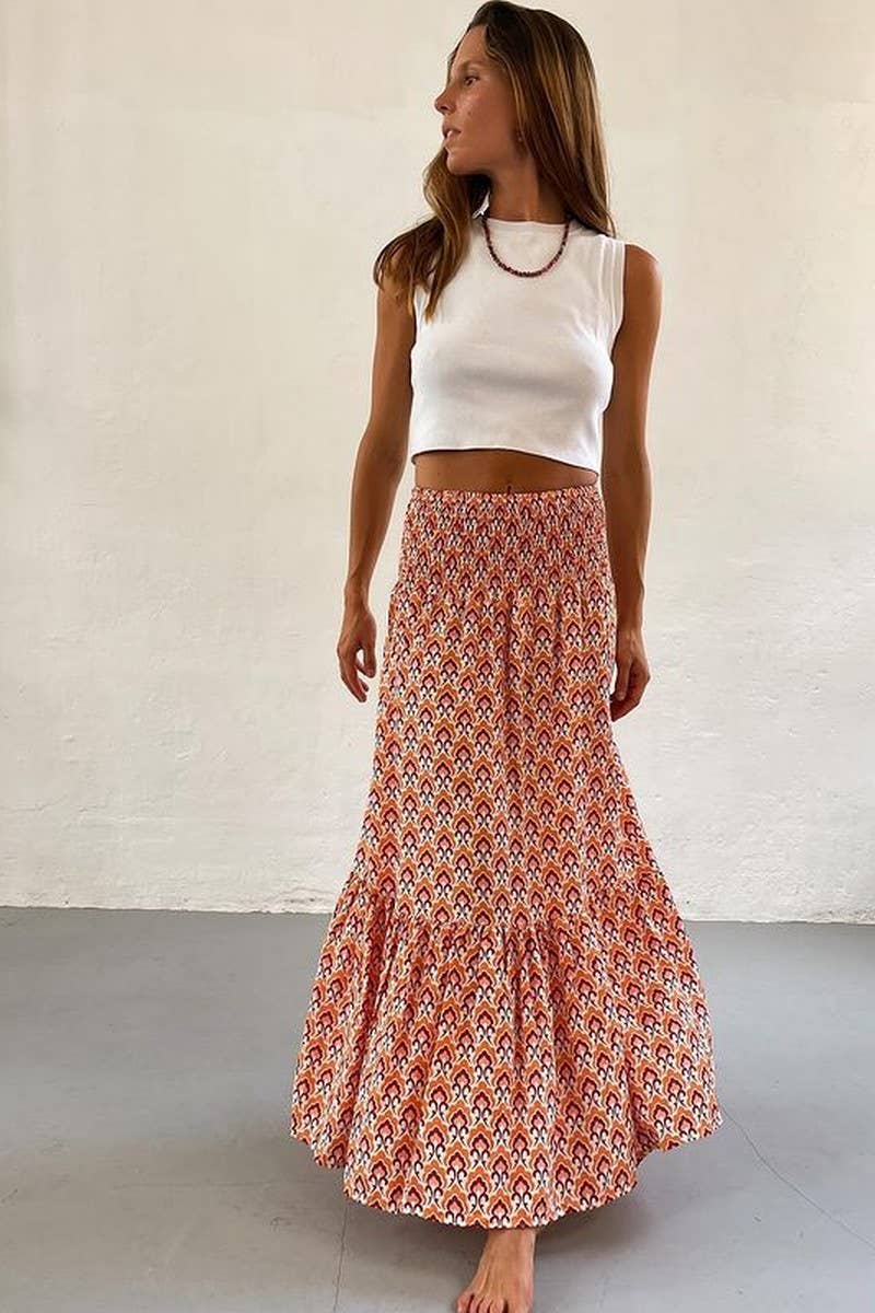 Orange Summer Sunburst Design Tiered Maxi Skirt