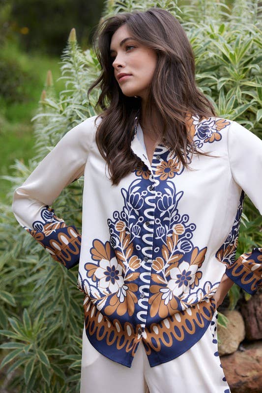 Mustard-Navy Printed Border Button-Down Blouse-146056