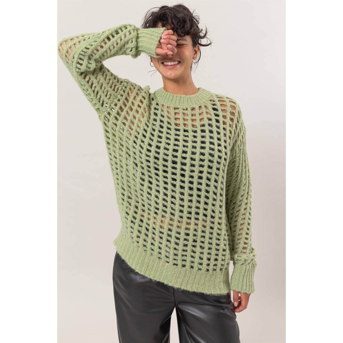Pastel Green Open Fish Net Long Sleeve Sweater