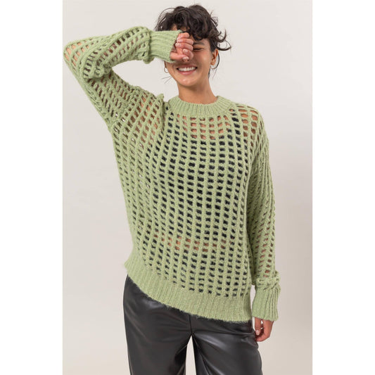 Pastel Green Open Fish Net Long Sleeve Sweater