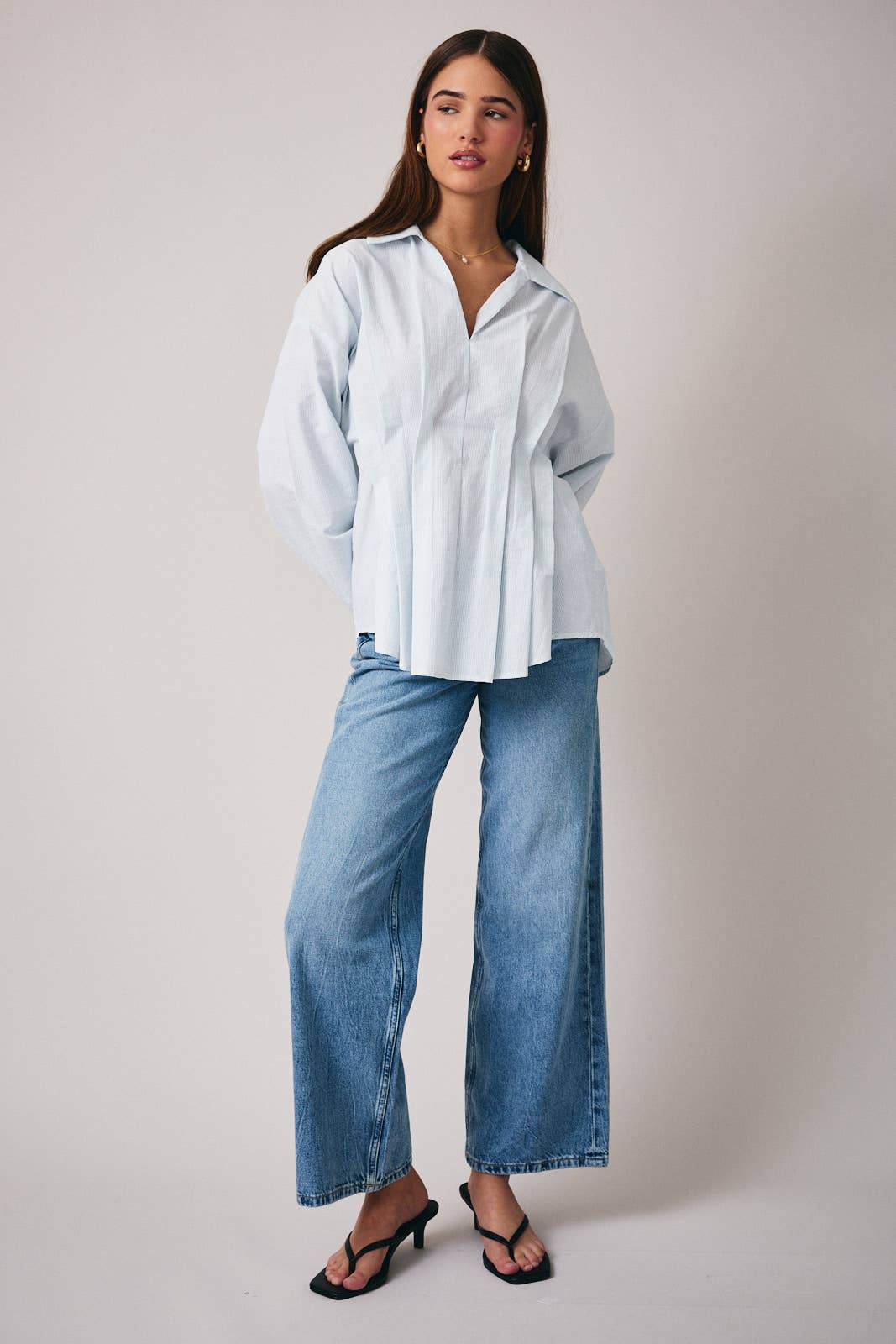 Blue and White Pleated Cotton Shirt- 142065