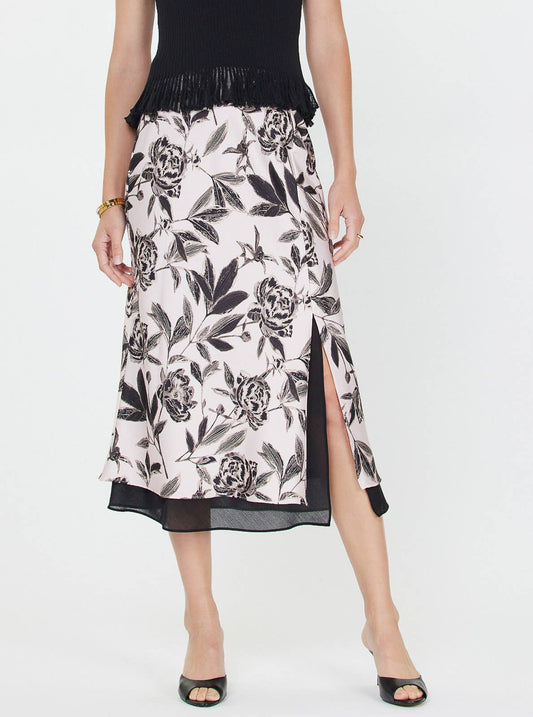 Pink w/ Black Floral Printed Midi Skirt w/Chiffon Layer-132550