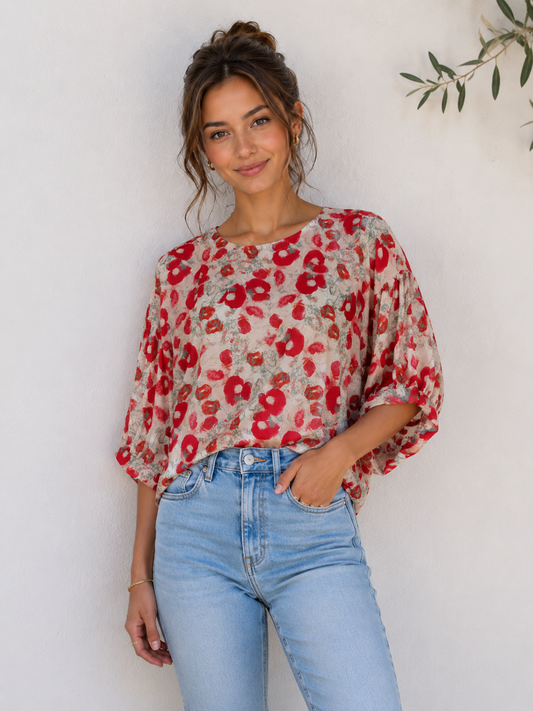 Beige and Red Poppy Bloom Button-Back Blouse - 142211