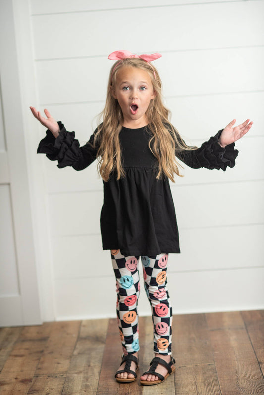 Black Ruffle Top with Black & White Check Smiley Face Leggings Set