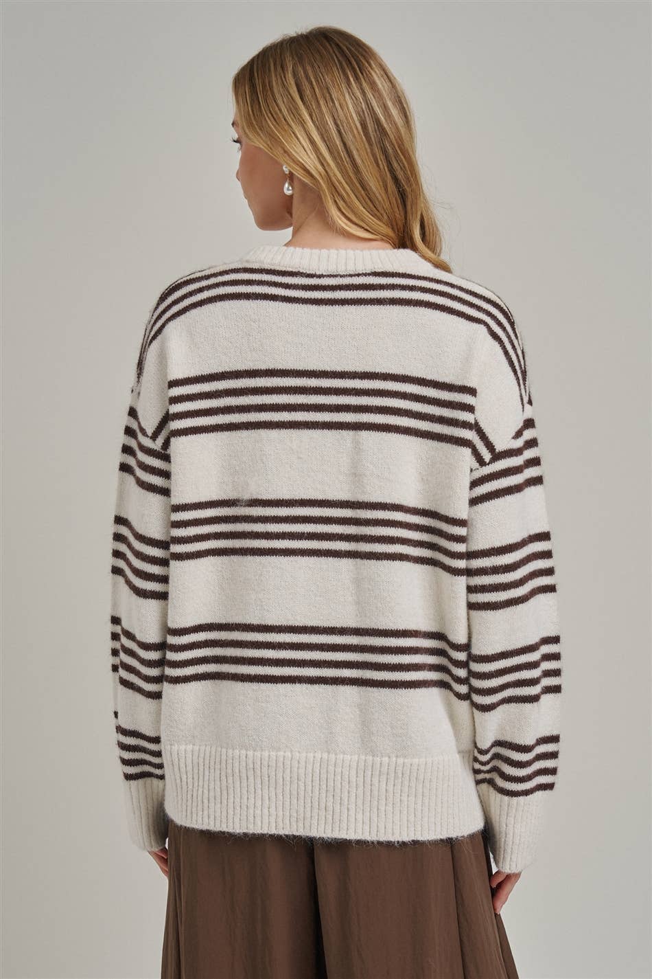 Ivory & Brown Oversized Striped Button-Down Cardigan-150316