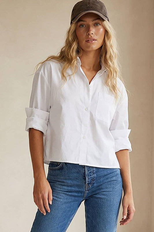 White Rolled Sleeve Button Up Blouse-147029