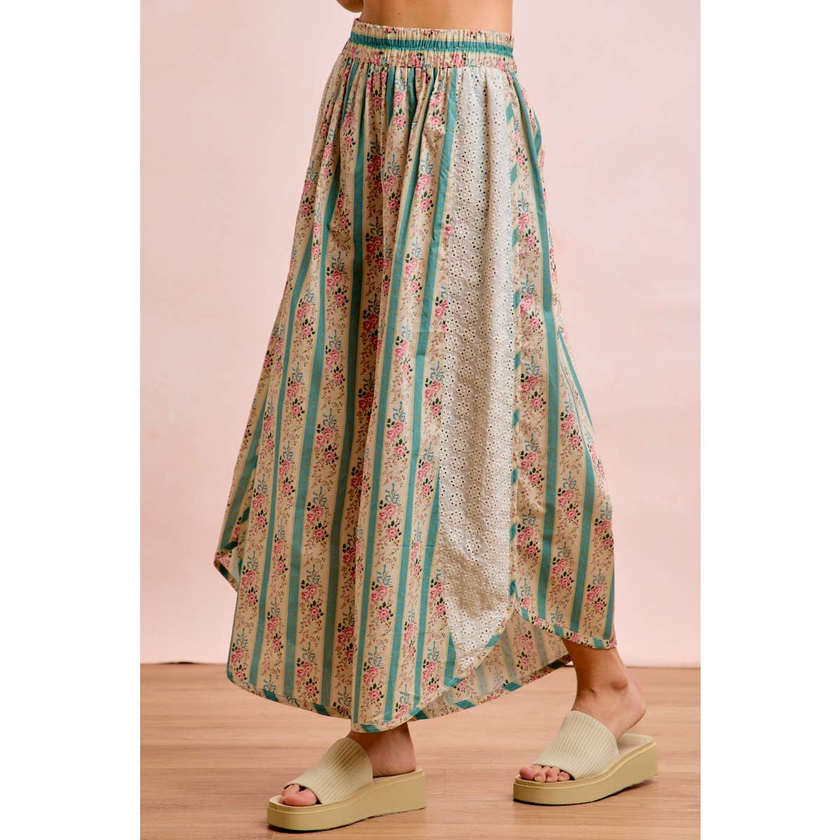 Teal w/ Pink Floral Eyelet Side Wide Leg Pants-141889