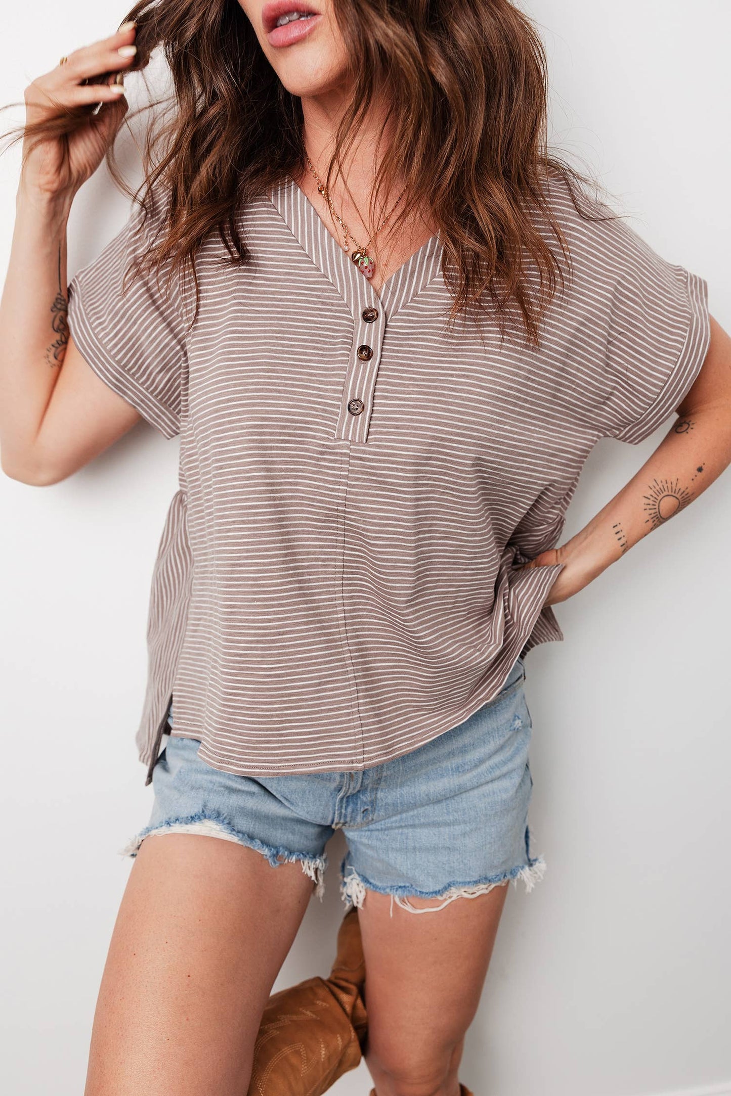 Khaki Stripe High Low Side Slit T Shirt - 142523