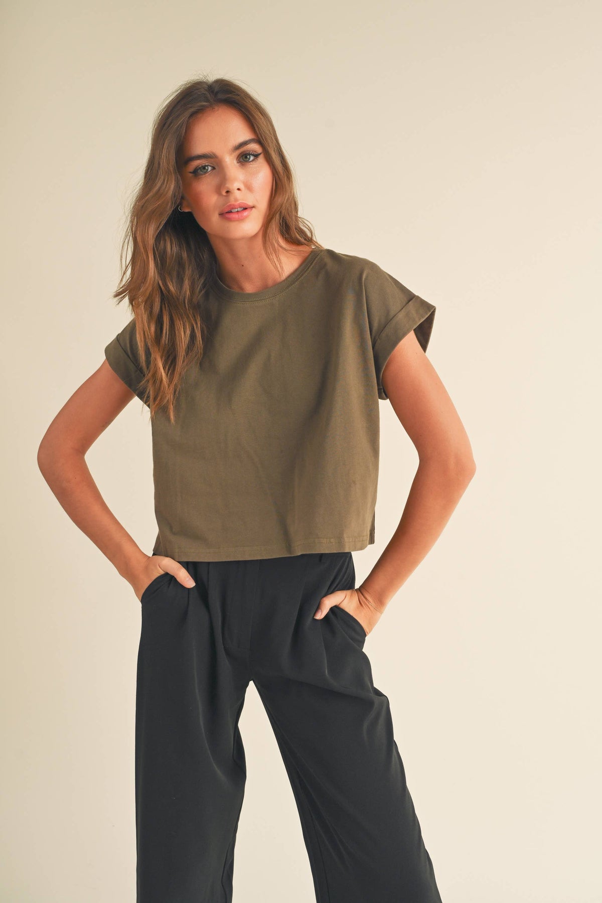 Olive Cuffed Short Sleeve Shirt-142263