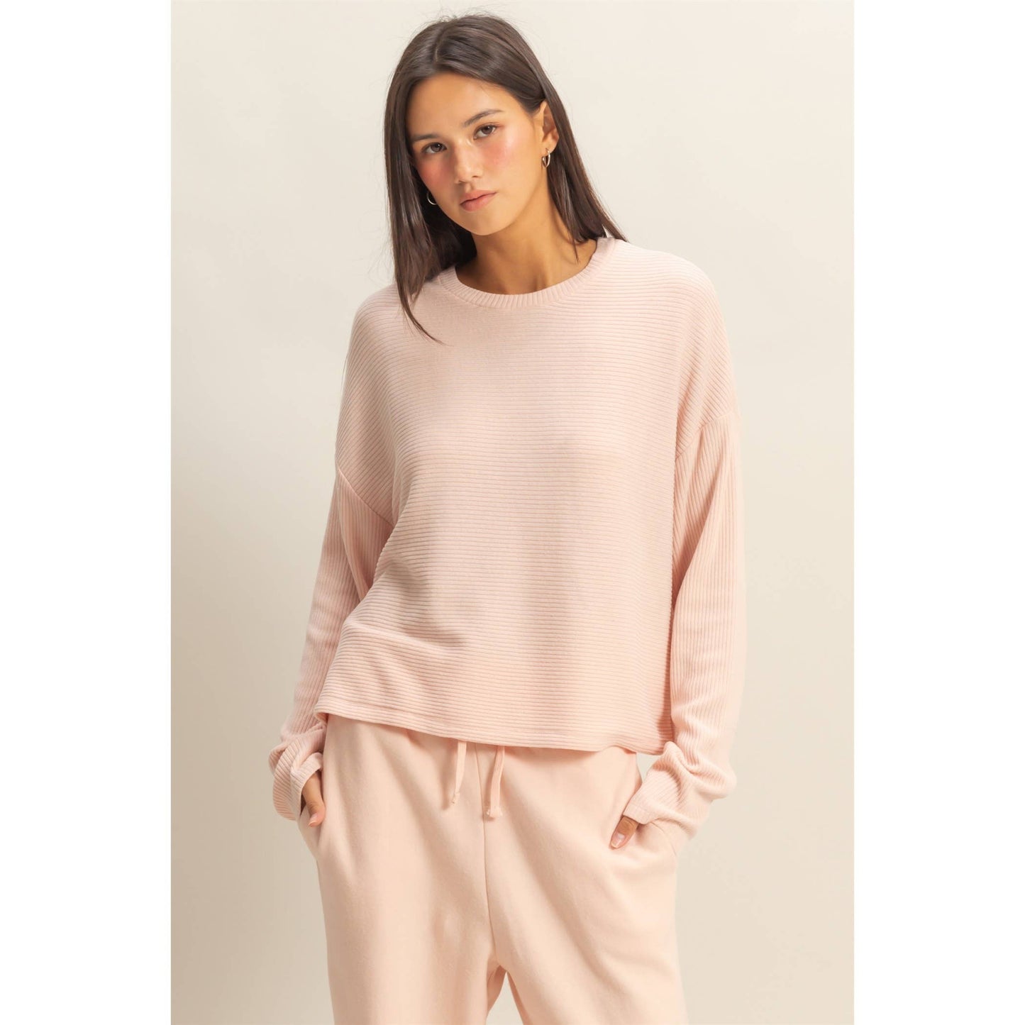 Dusty Pink Drop Shoulder Long Sleeve Knitted Top