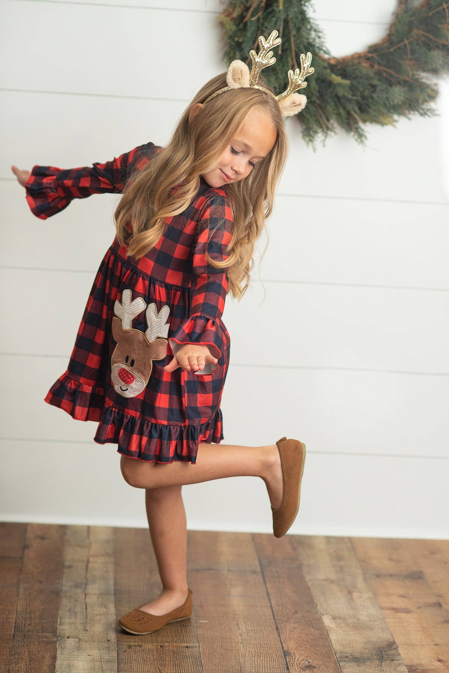 Red & Black Plaid Cotton Reindeer Ruffle Holiday Dress