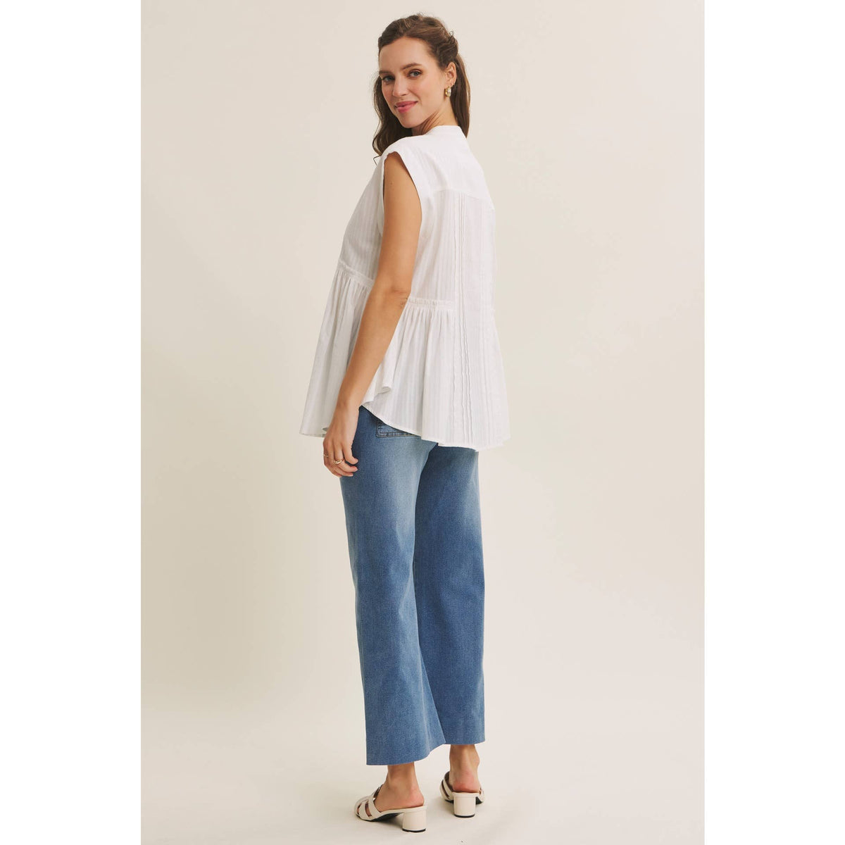 White Cotton Pleated Button Down Tunic Shirt- 142947